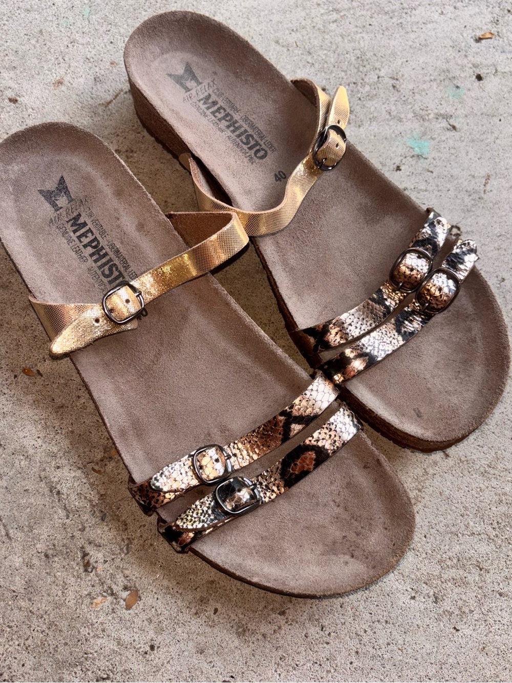 Mephisto Women's Gold Metallic & Brown Snakeskin Buckle Sandals size 40EU
